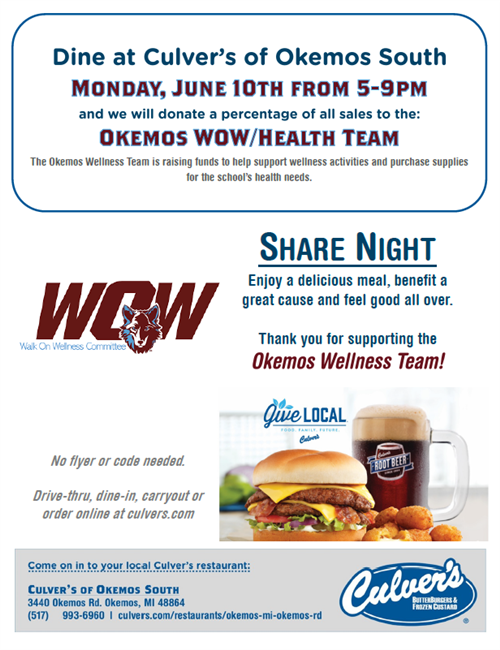 Okemos WOW/Health Team Culver's Fundraiser